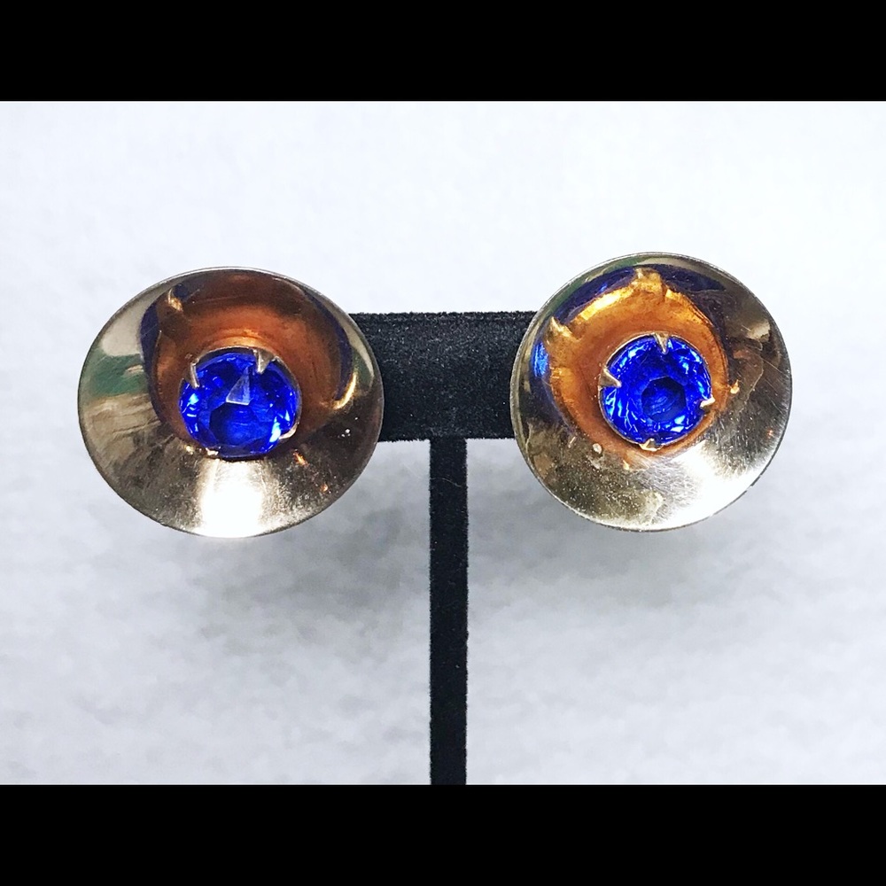 Vintage Gold Earrings Cone Shape with Cobalt Center Glass Bead Screw On Closure